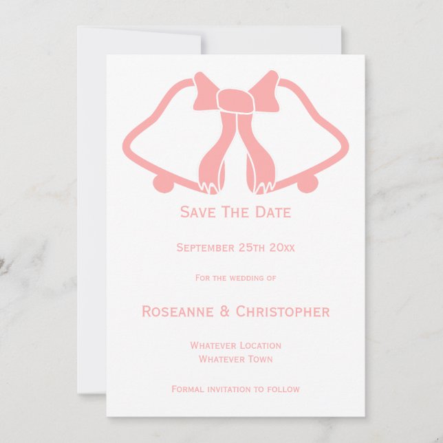 Pink Wedding Save The Date Card Bells And Ribbon (Front)