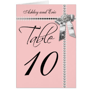 Pink Wedding Table Number Card Silver Bow Ribbon