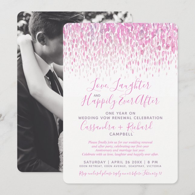 Pink wedding vow renewal 1 year on happily after invitation (Front/Back)