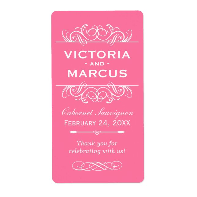 Pink Wedding Wine Bottle Monogram Favour Labels (Front)