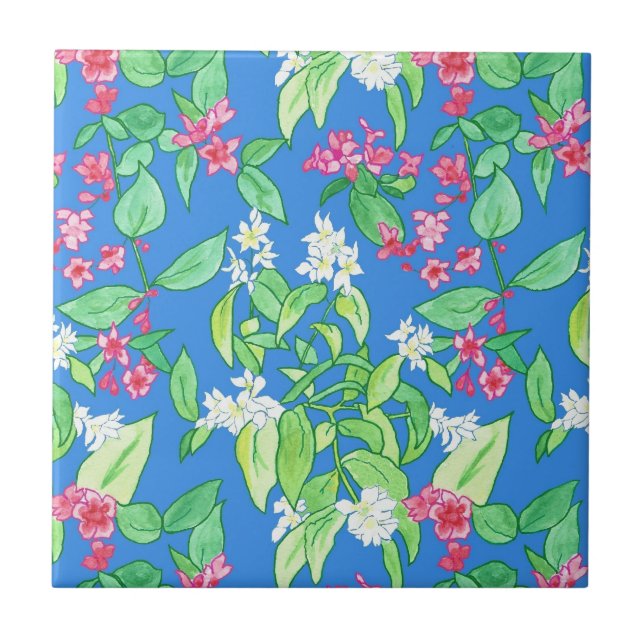 Pink Weigela and White Mock Orange Blossom on Blue Tile (Front)