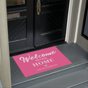 Pink Welcome Modern Chic Script Personalised Doormat