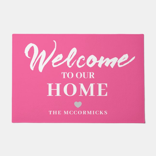 Pink Welcome Modern Chic Script Personalised Doormat (Front)