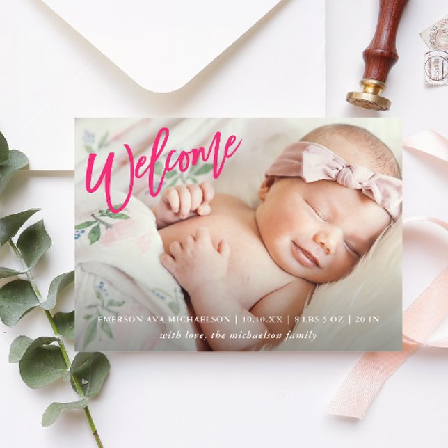 Pink Welcome Script with Photo Baby Girl Birth Announcement (Creator Uploaded)