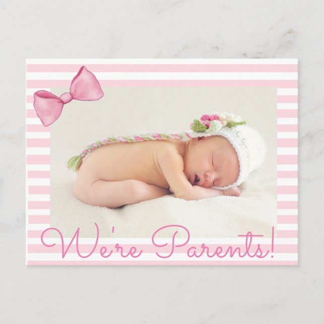 Pink We're Parents Baby Birth Announcement Postcard (Front)