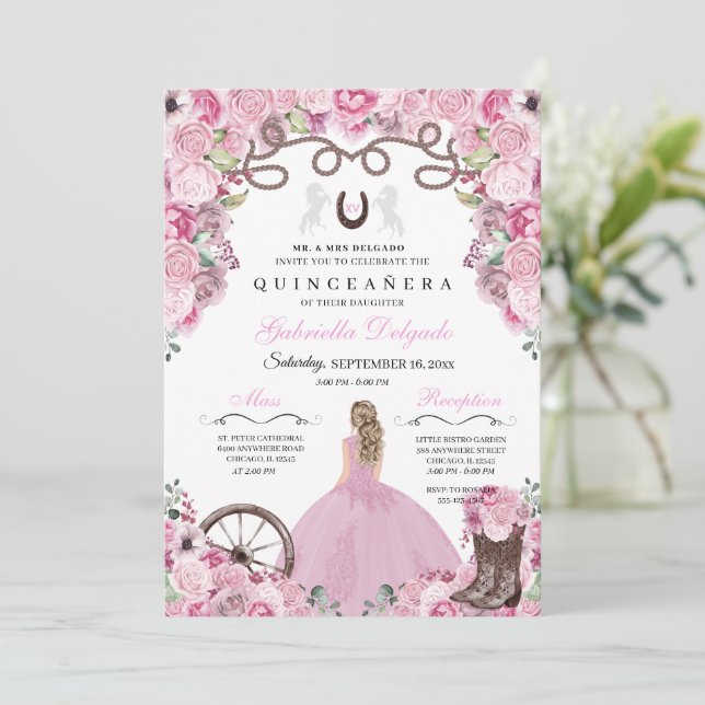 Pink Western Charra Girl Ranchero Quinceanera Invitation (Standing Front)