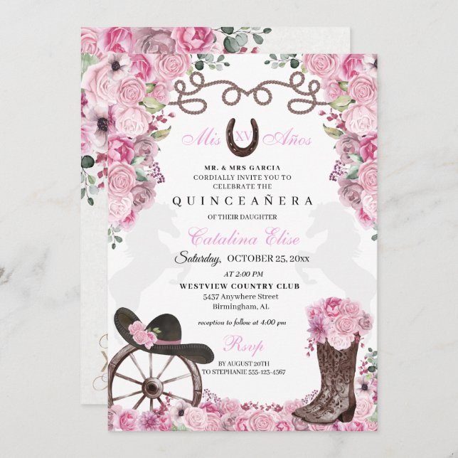 Pink Western Charra Ranchero Quinceanera Invitation (Front/Back)