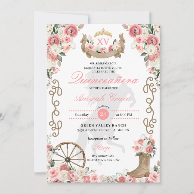 Pink Western Charro Cowgirl Quinceañera Invitation (Front)