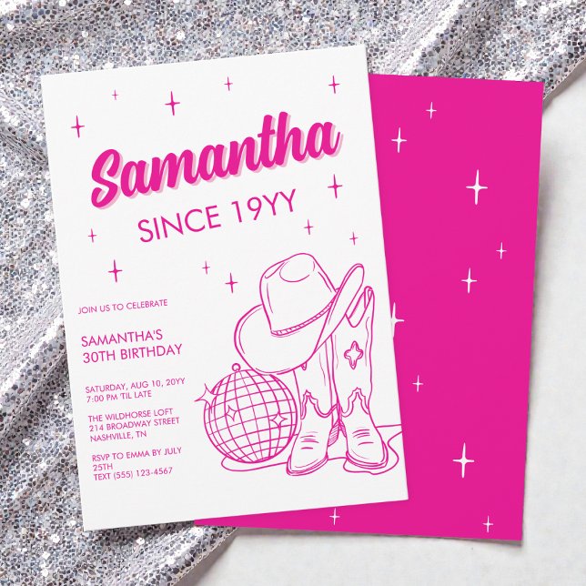 Pink Western Country Disco 30th Birthday Party Invitation (Pink Western Country Disco Cowgirl 30th Birthday Party Invitation)