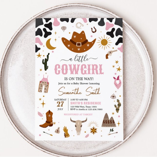 Pink Western Cowgirl Baby Shower Invitation (Boho Wild West Rodeo Baby Shower Invitation)