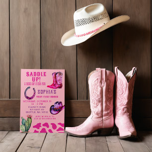Pink Western Cowgirl First Rodeo Girls Birthday Invitation
