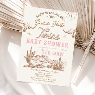 Pink Western Desert Rodeo Twins Baby Shower Invitation