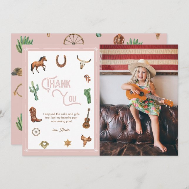 Pink Western First Birthday Rodeo Thank You Card (Front/Back)