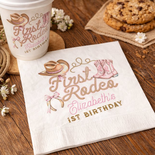 Pink Western First Rodeo Birthday Napkin (Pink Western First Rodeo Birthday Napkins)