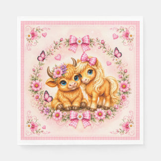 Pink Western Highland Cow & Pony Baby Shower Napkin