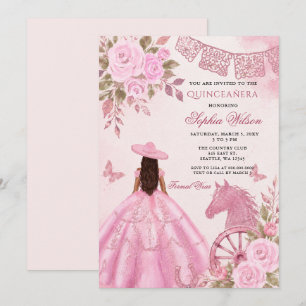 Pink Western Horse Floral Charra Quinceañera Invitation