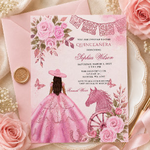 Pink Western Horse Floral Charra Quinceañera Invitation