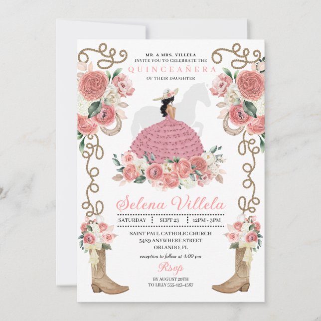 Pink Western Mariachi Charro Princess  Quinceañera Invitation (Front)