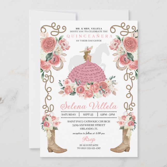 Pink Western Mariachi Charro Princess  Quinceañera Invitation (Front)