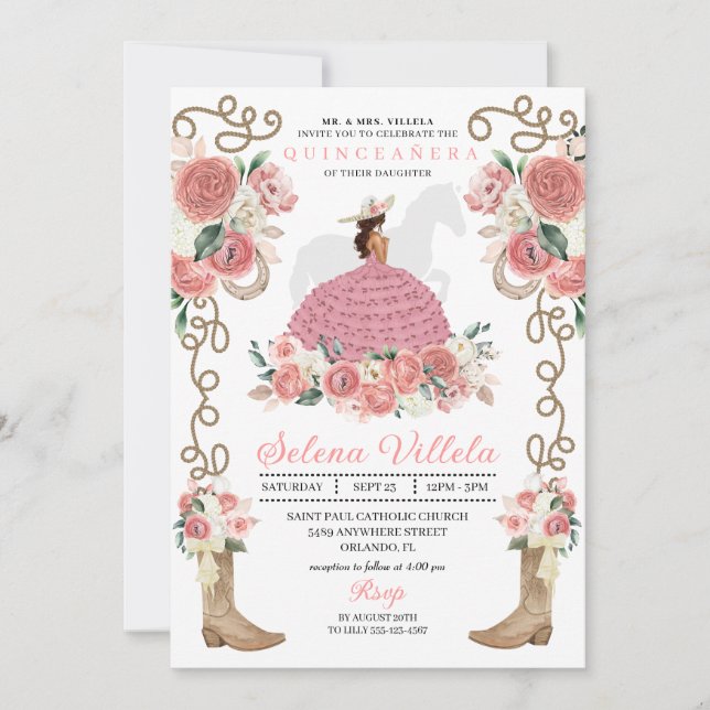 Pink Western Mariachi Charro Princess  Quinceañera Invitation (Front)