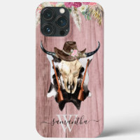 Pink Western Wood Cow Skull Cowboy Monogram