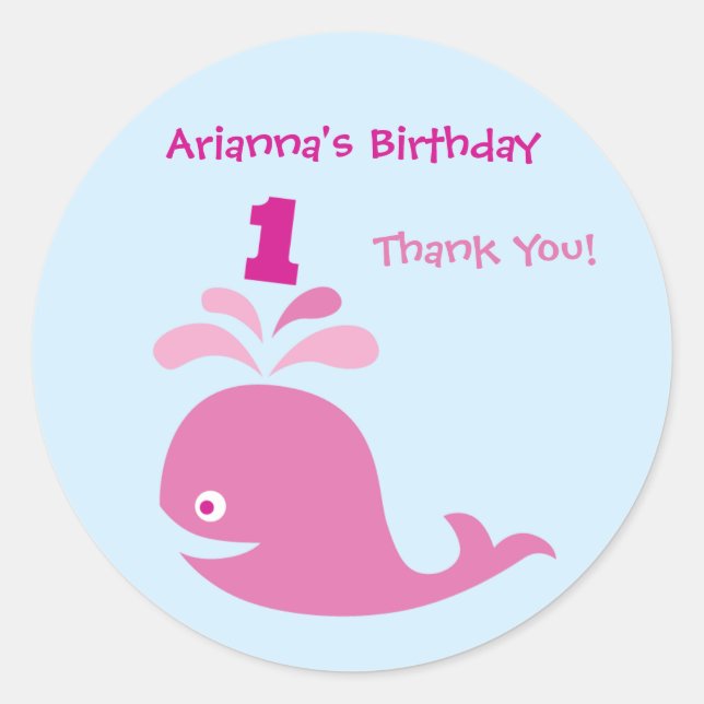 Pink Whale 1st Birthday Favour Sticker (Front)
