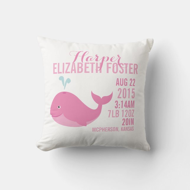 Pink Whale Birth Announcement Nursery Pillow (Front)