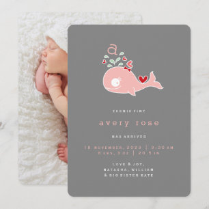 Pink Whale Monogram Baby Girl Birth Announcement