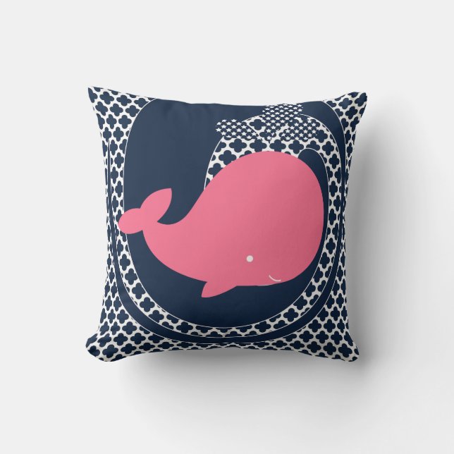 Pink Whale on Navy Blue Throw Pillow (Front)