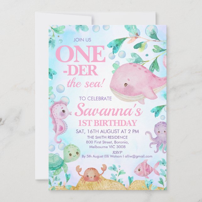 Pink Whale One-der the Sea Creatures 1st Birthday Invitation (Front)
