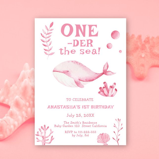 Pink Whale Oneder The Sea 1st Birthday  Invitation (Creator Uploaded)