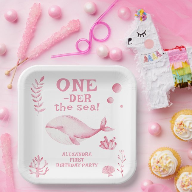 Pink Whale Oneder The Sea 1st Birthday  Paper Plate (Party)