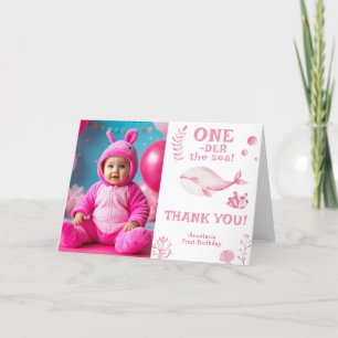 Pink Whale Oneder The Sea 1st Birthday Thank You Card