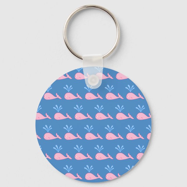 Pink Whale Pattern on Blue. Key Ring (Front)