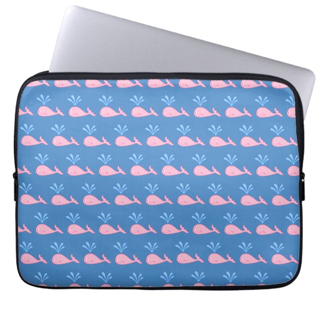 Pink Whale Pattern on Blue. Laptop Sleeve (Front)