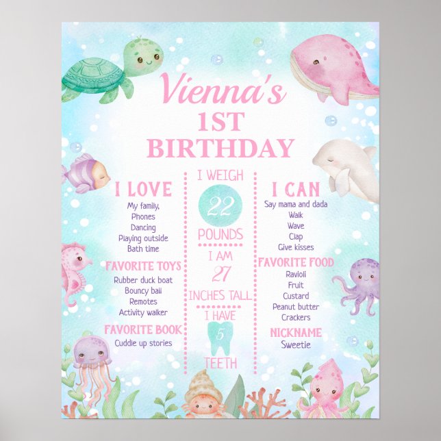 Pink Whale Under The Sea 1st Birthday Milestone Poster (Front)