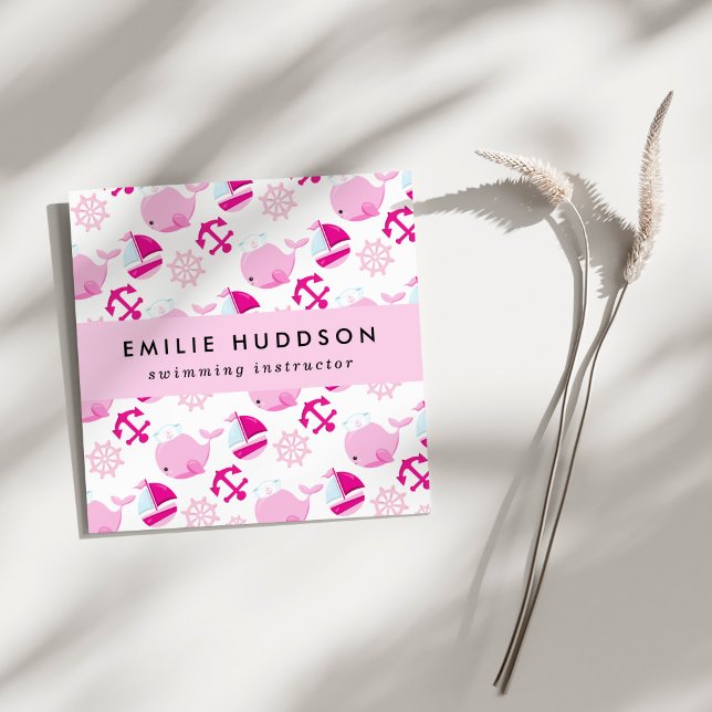 Pink Whales, Swim Instructor, Swimming Coach Square Business Card (Creator Uploaded)