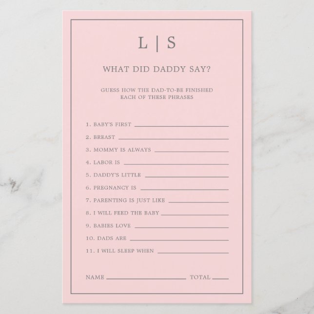Pink What Did Daddy Say Cute Baby Shower Game (Front)