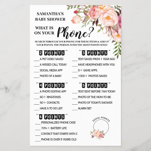 Pink What is on your Phone shower game card (Front)