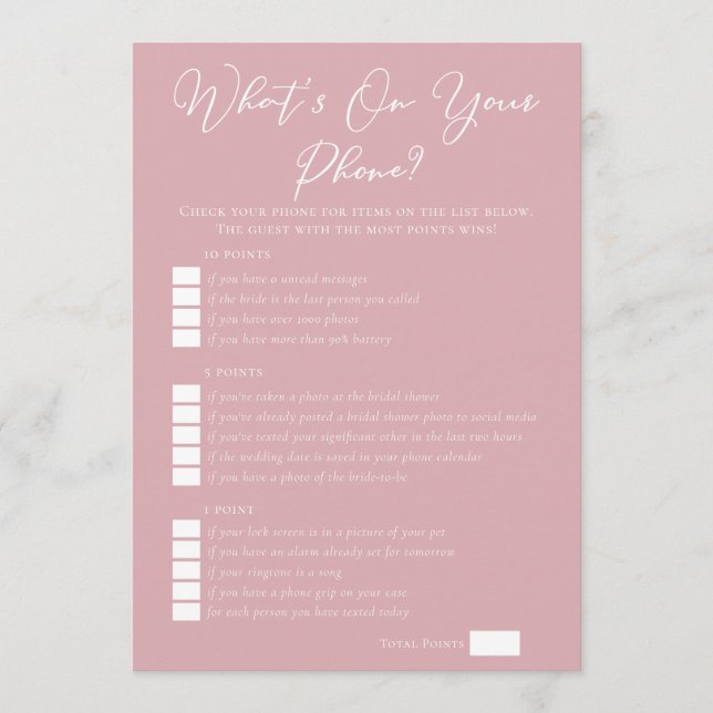 Pink What's On Your Phone Bridal Shower Download Card (Front)