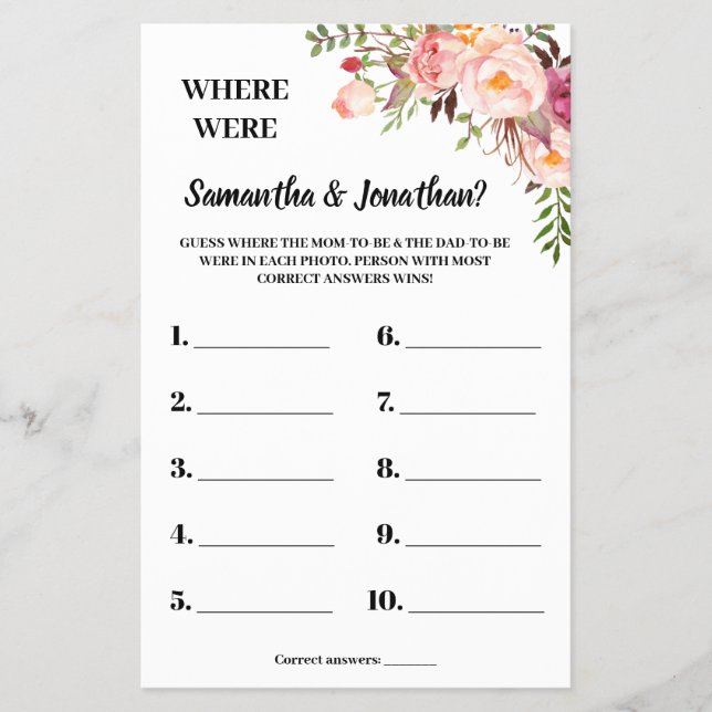 Pink Where were they shower bilingual game card (Front)