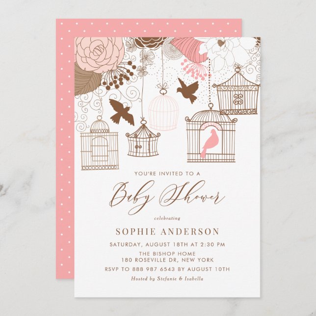 Pink Whimsical Birdcages Baby Shower Invitation (Front/Back)