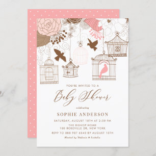 Pink Whimsical Birdcages Baby Shower Invitation