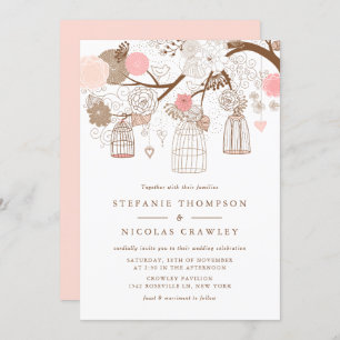 Pink Whimsical Birdcages Floral Wedding Invitation