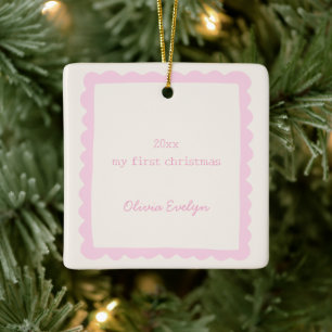 Pink Whimsical Border Custom Baby First Christmas Ceramic Ornament
