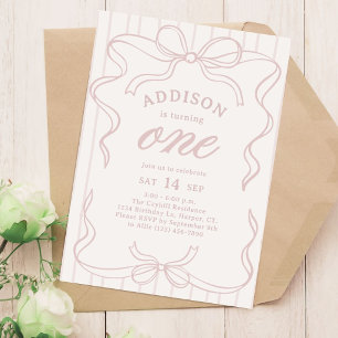 Pink Whimsical Bow Girl's 1st Birthday Party Invitation