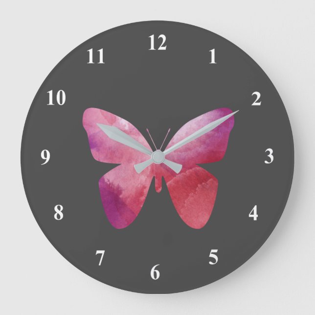 Pink whimsical butterfly large clock (Front)