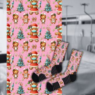 Pink Whimsical Christmas Gingerbread Girl Nurse Socks