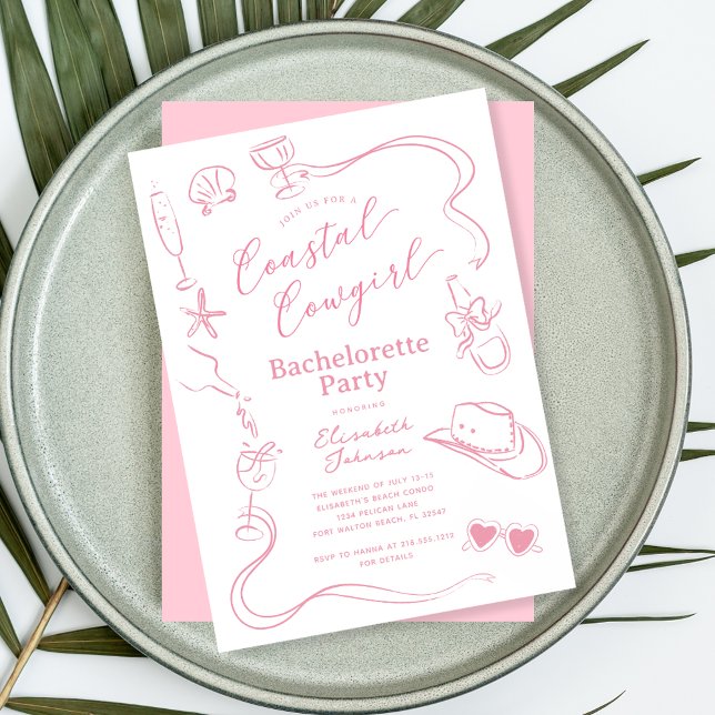 Pink Whimsical Coastal Cowgirl Bachelorette Party Invitation (Creator Uploaded)