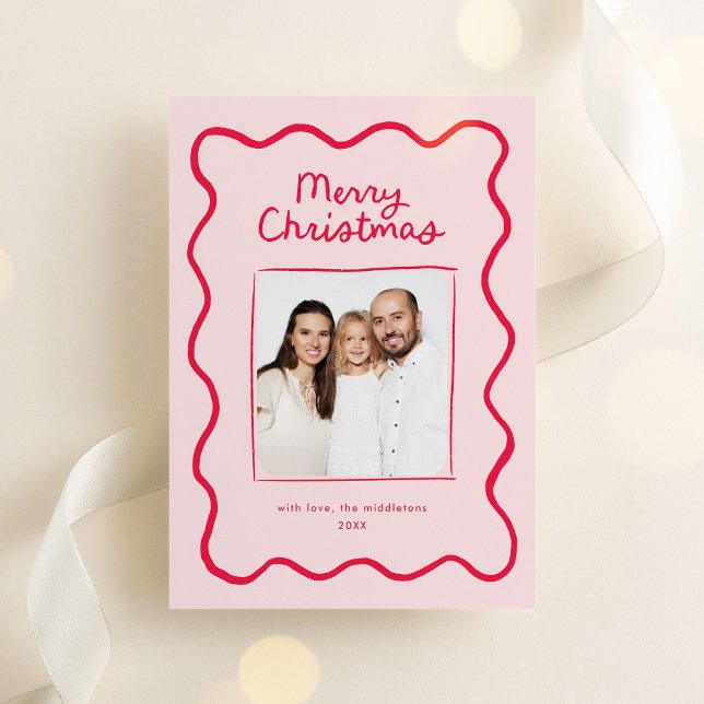 Pink Whimsical Doodle Wavy Frame Christmas Photo Holiday Card (whimsical, quirky Christmas photo card with hand drawn doodle frame in red)